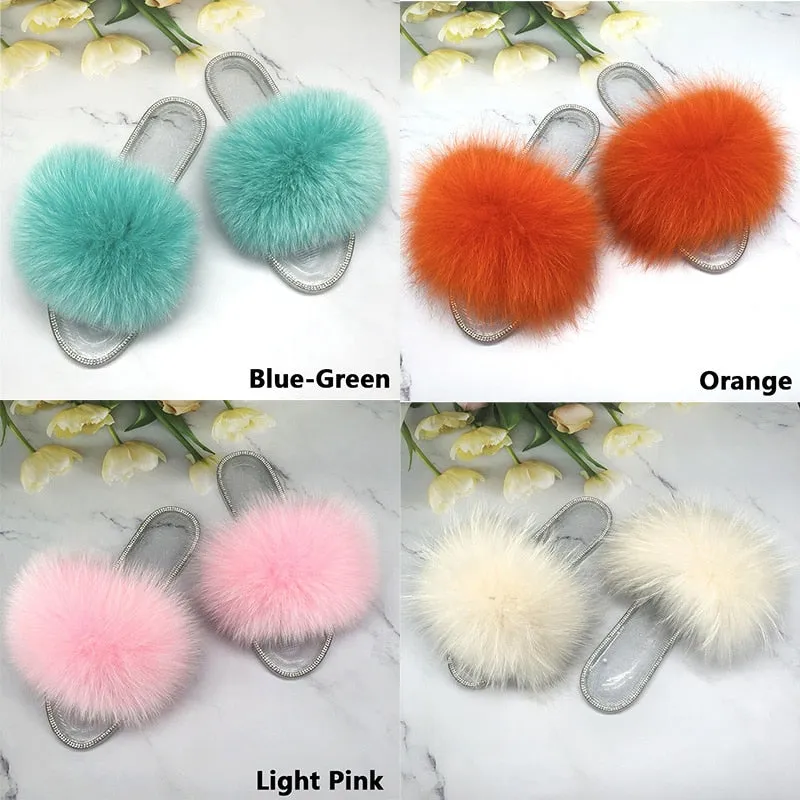 Women's Fluffy Real Fur Beach Slides Transparent Jelly Flip Flop Slippers