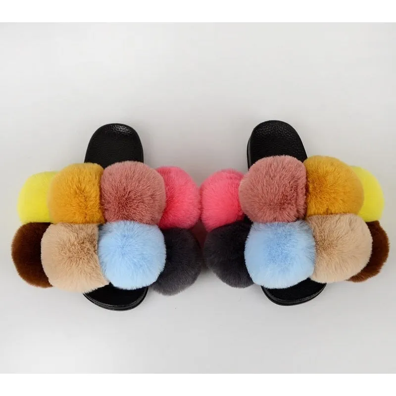 Women's Fluffy Summer Synthetic Fur Slides Indoor Big Flat Flip Flop Slippers