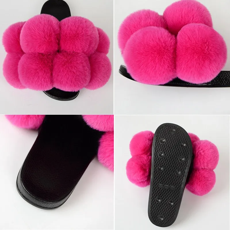 Women's Fluffy Summer Synthetic Fur Slides Indoor Big Flat Flip Flop Slippers