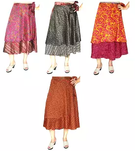 Women's Indian Sari Magic Wrap Around Skirt Wholesale 4 Pcs Lot Two Layers