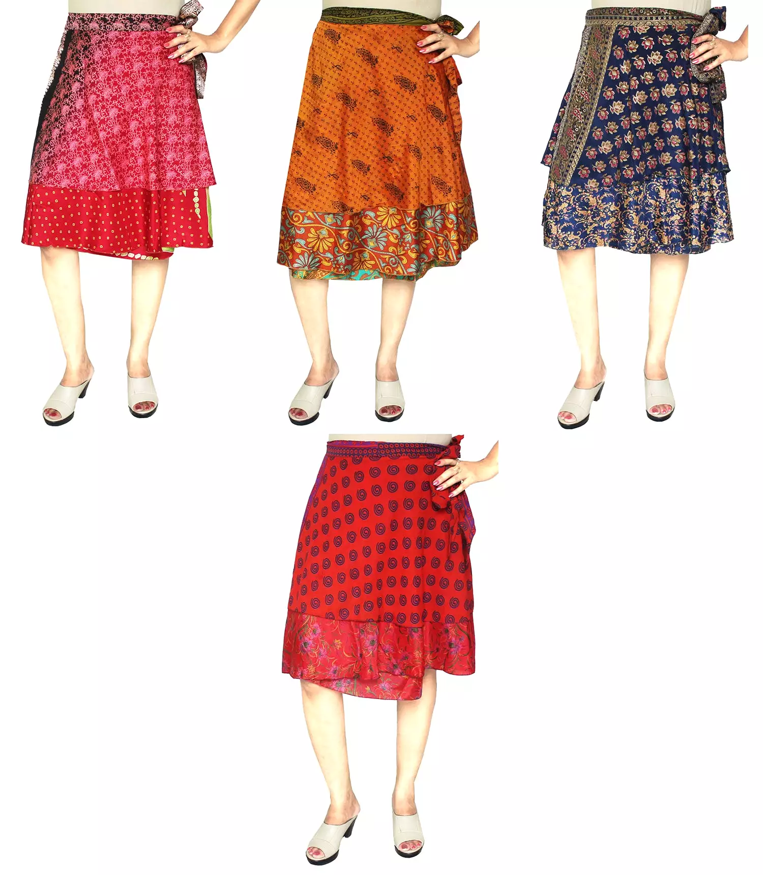 Women's Indian Sari Magic Wrap Short Skirt Wholesale 4 Pcs Lot Two Layers