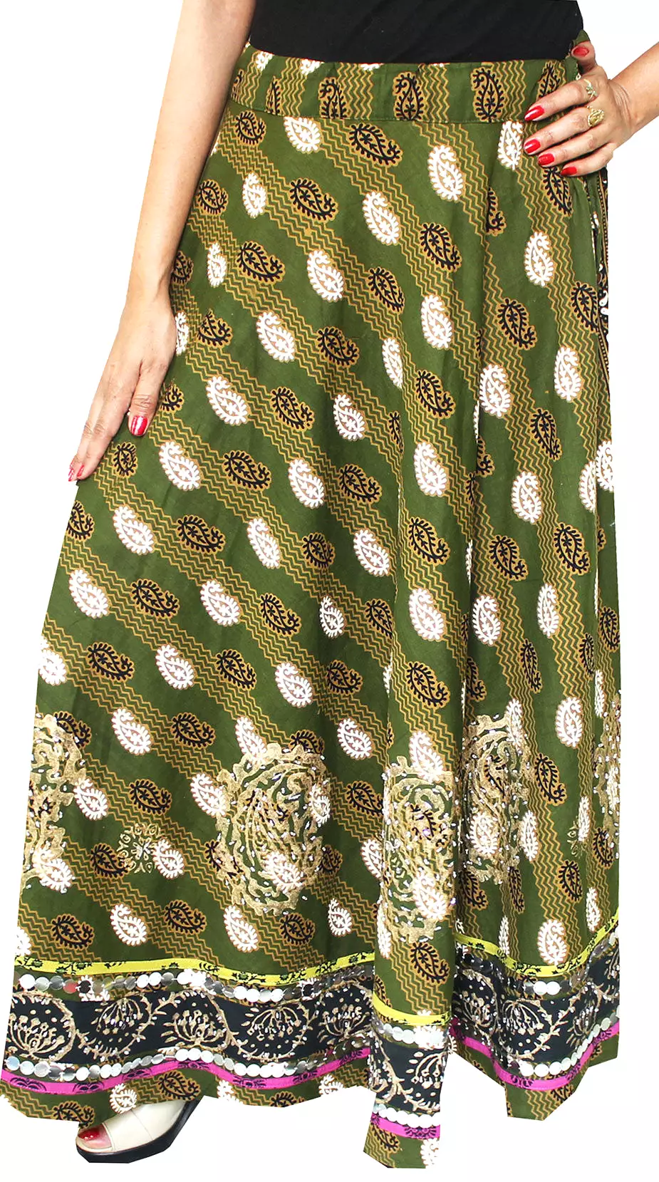 Womens Long Indian Skirt Cotton Block Printed Designer India Clothing (Green)