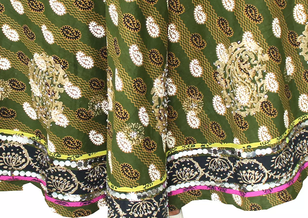 Womens Long Indian Skirt Cotton Block Printed Designer India Clothing (Green)