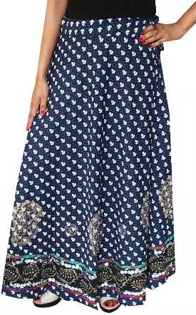 Womens Long Indian Skirt Cotton Block Printed Ethnic India Clothes (Blue)