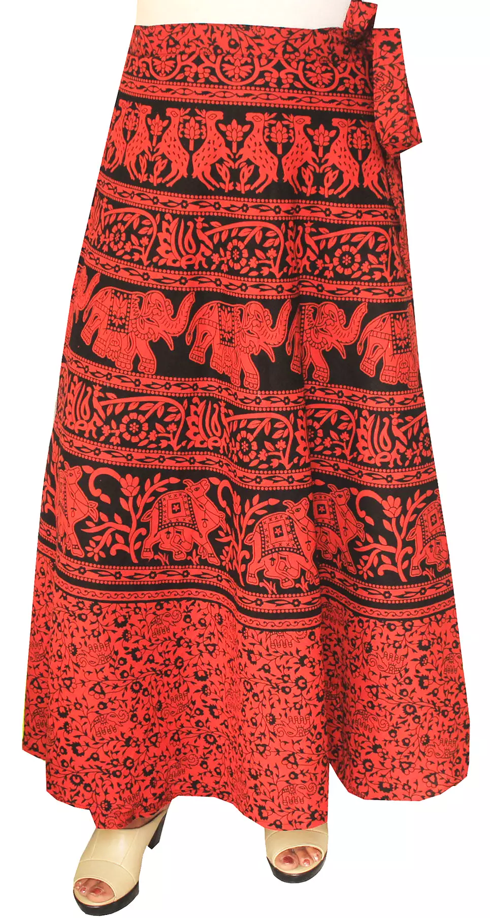 Womens Long Skirt Wrap Around Printed Cotton India Clothes (Red)