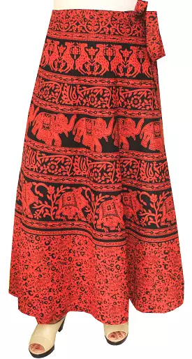 Womens Long Skirt Wrap Around Printed Cotton India Clothes (Red)