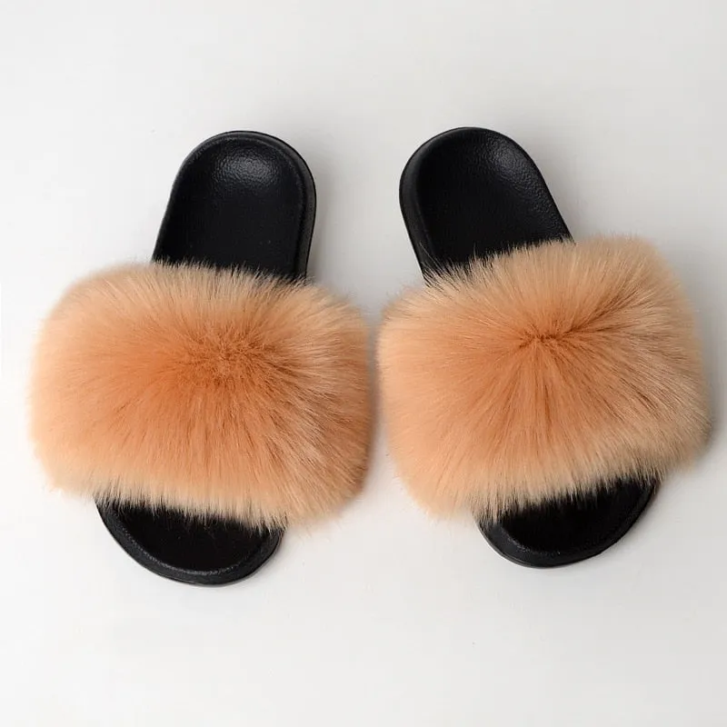 Women's Summer Light Coffee Color Synthetic Fur Fluffy Flat Indoor Slippers