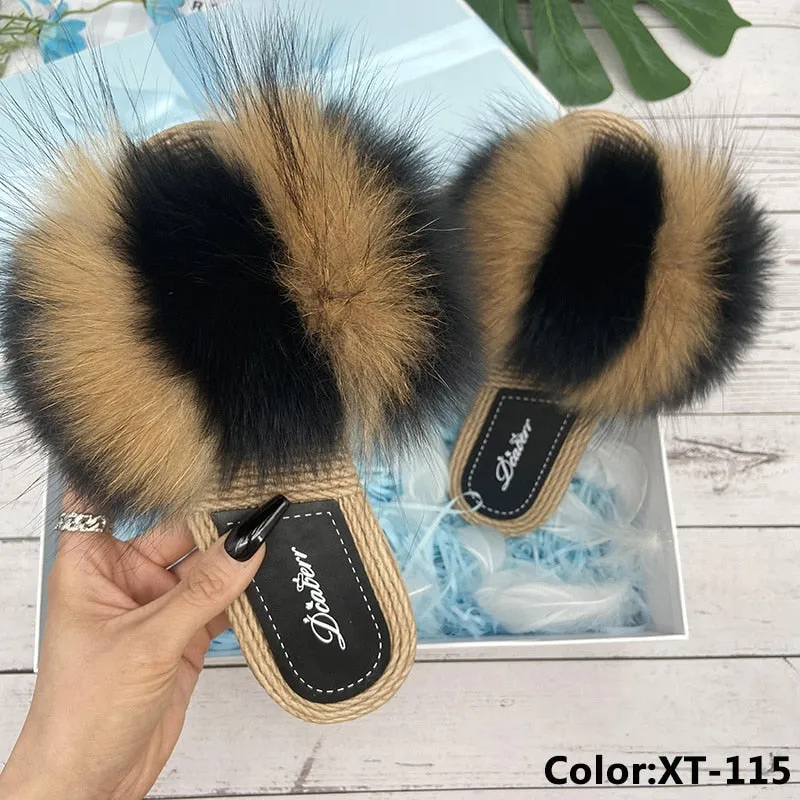 Women's Summer Real Fur Synthetic Straw Natural Fox Flip Flops Flat Slippers