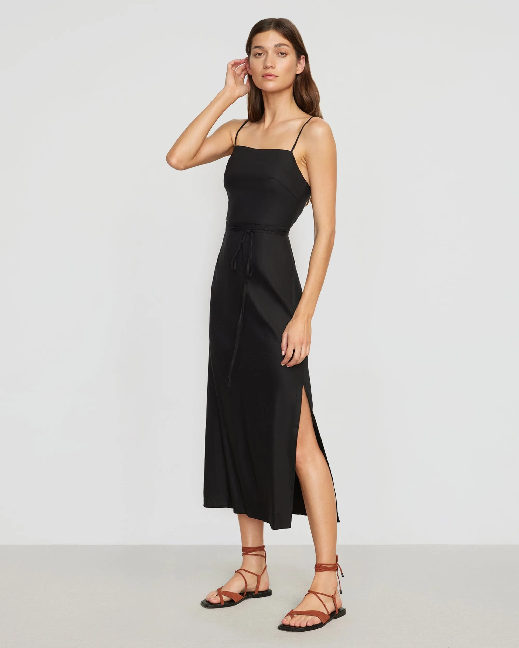 Yanelly Lace-Up Stretch Linen Dress | Black