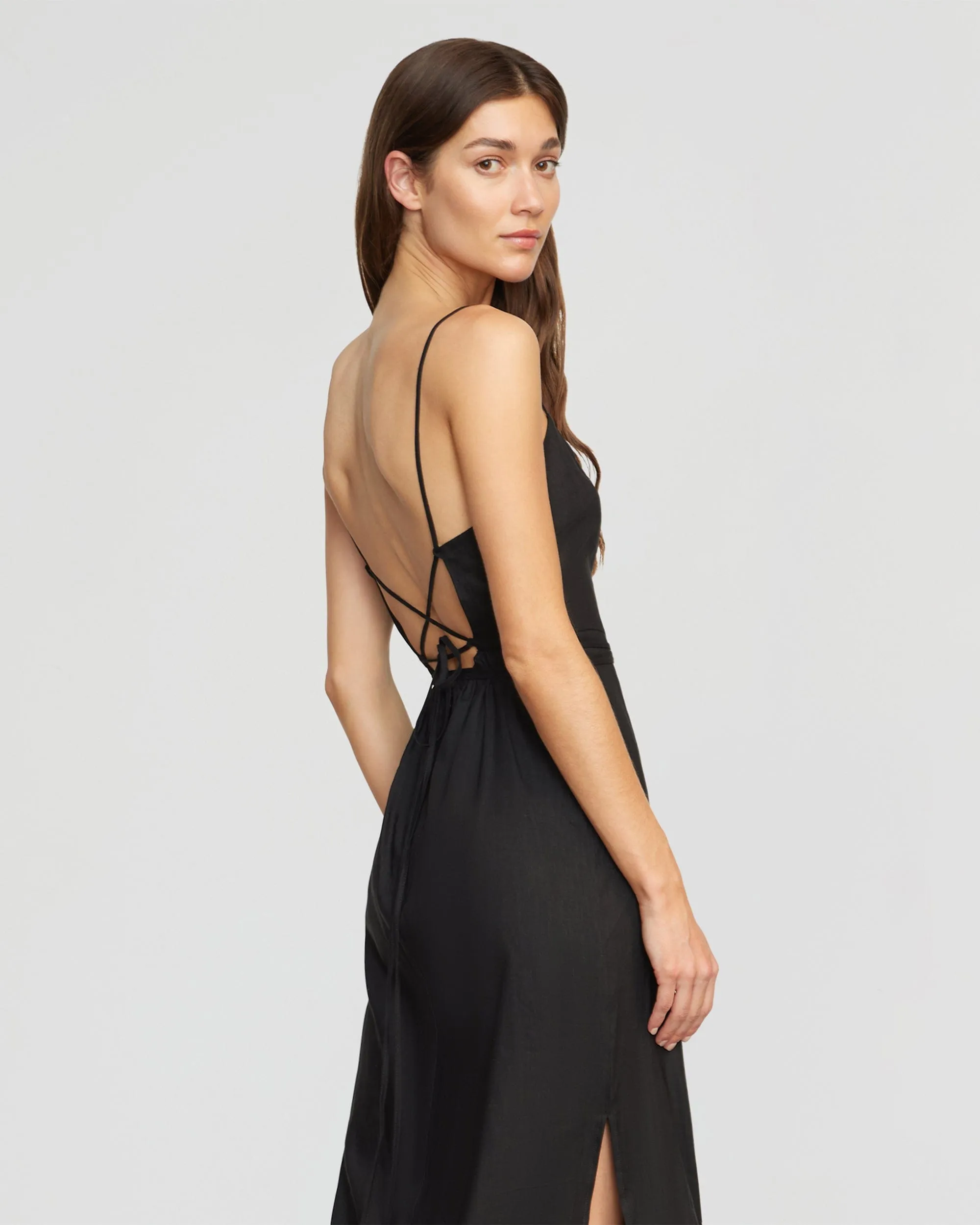 Yanelly Lace-Up Stretch Linen Dress | Black