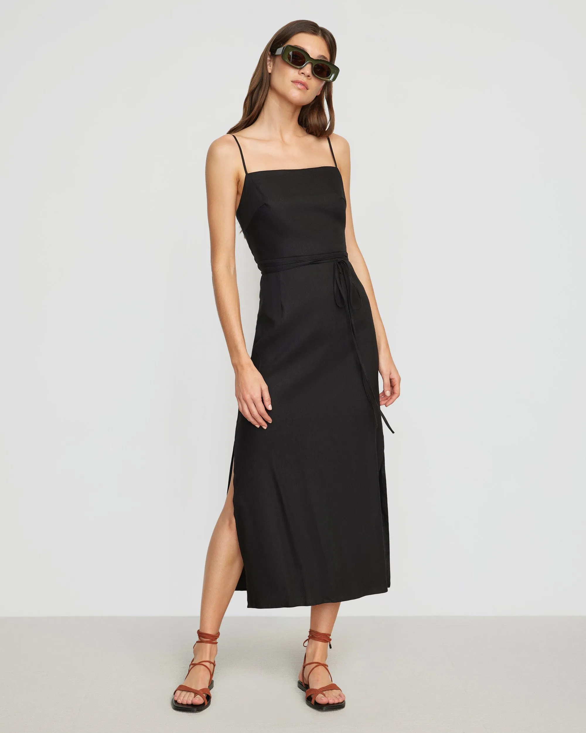 Yanelly Lace-Up Stretch Linen Dress | Black