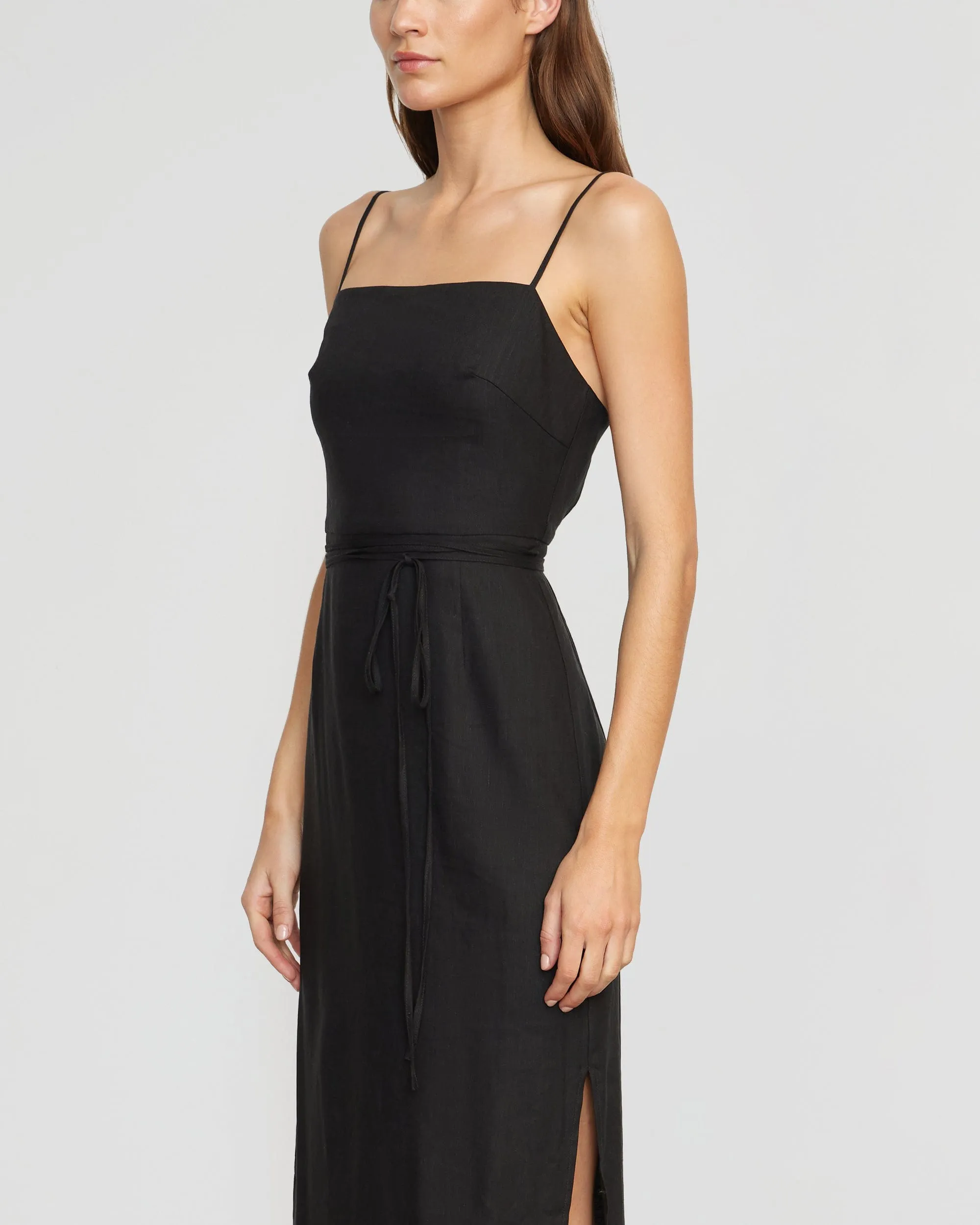 Yanelly Lace-Up Stretch Linen Dress | Black